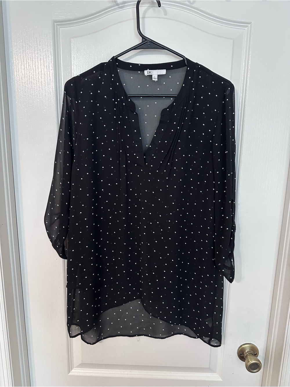 DR2 Black Sheer Polka Dot V-Neck Blouse Size Large